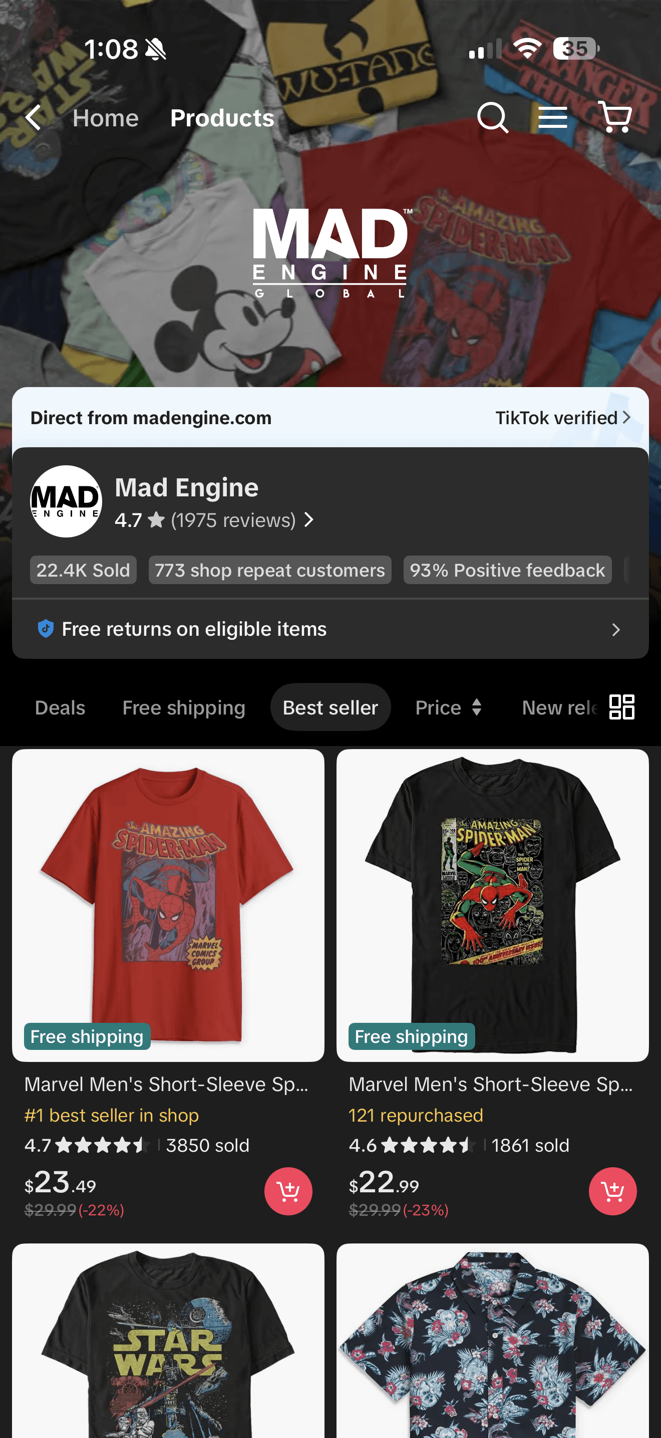 Mad Engine TikTok Shop product grid screenshot