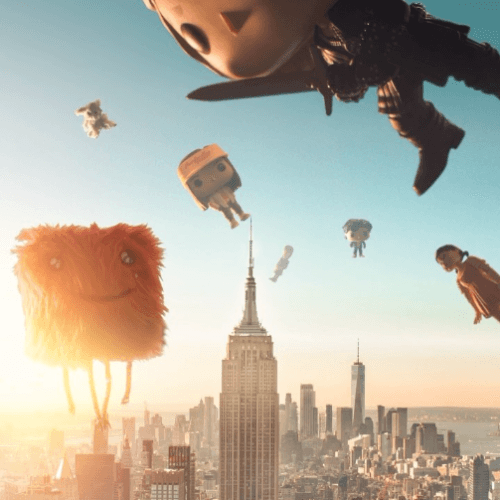 Netflix.Shop BFCM campaign characters floating over a city skyline