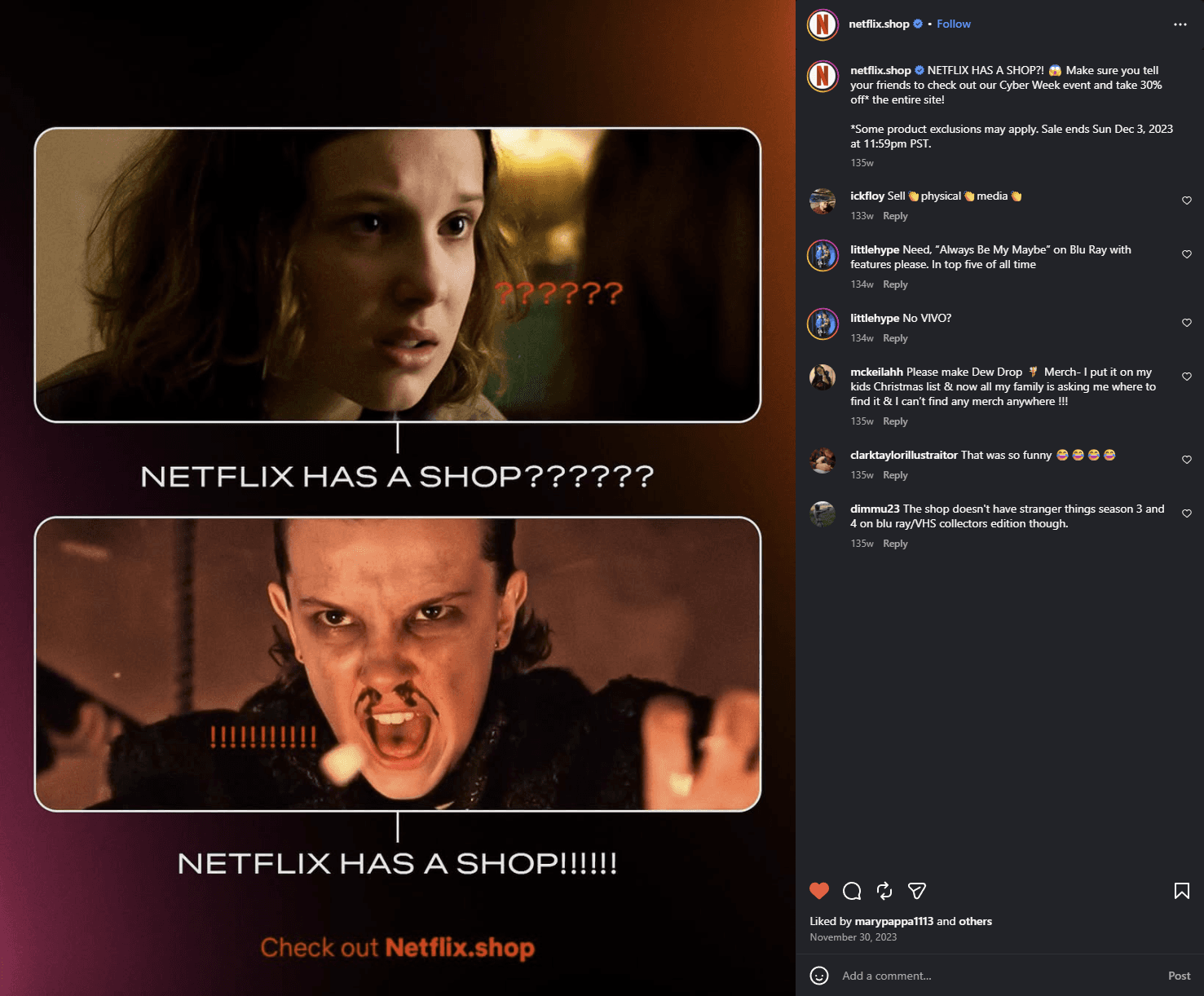 Netflix.Shop Instagram post from the Netflix Has A Shop campaign