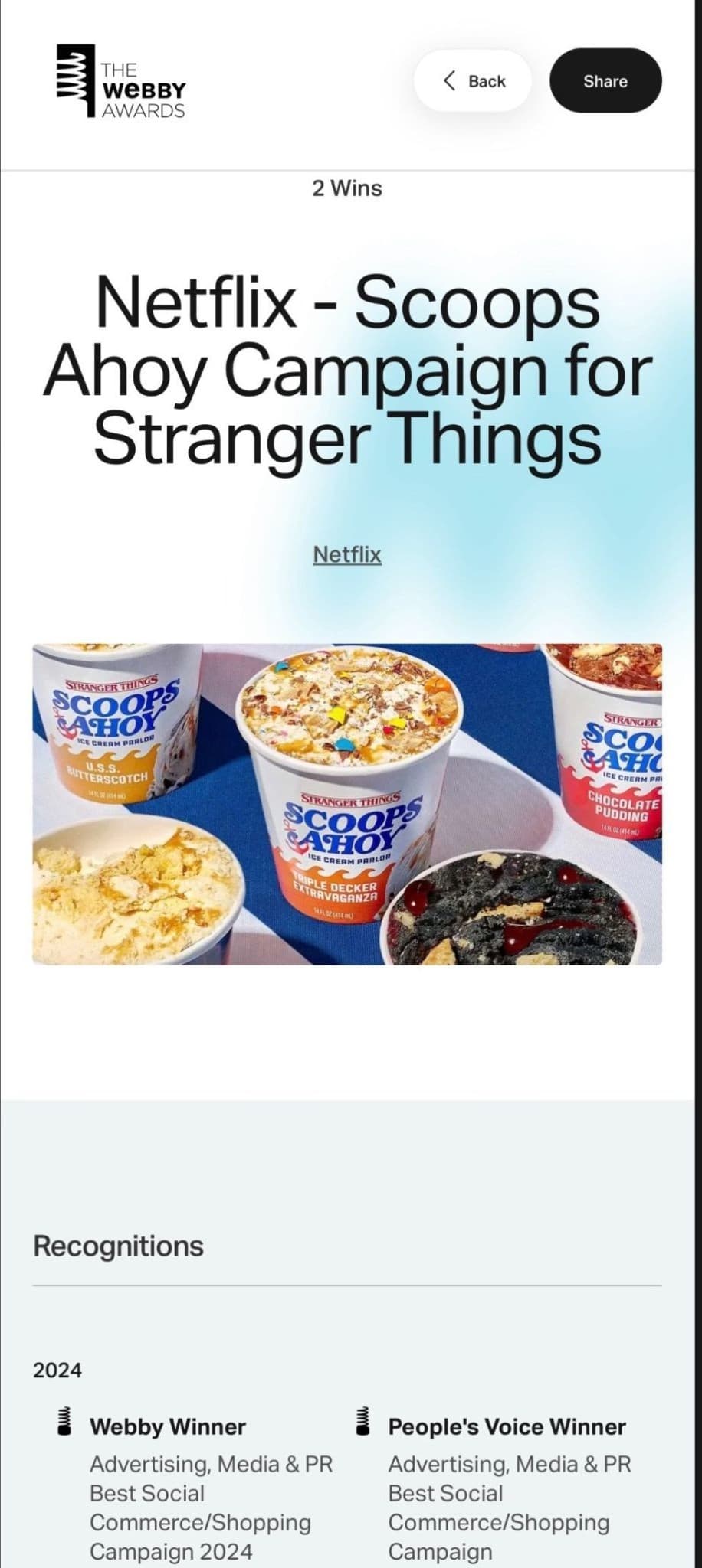 Webby Awards page for Netflix Scoops Ahoy campaign